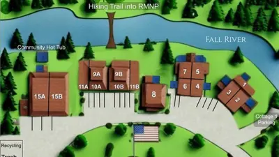 a map of a farm with buildings and an american flag at Stonebrook Resort - Adult Only in Estes Park