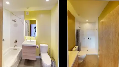 two pictures of a bathroom with a sink and a toilet at Timberline Haus Home in Nederland