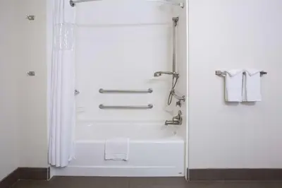 a bathroom with a shower with white towels at Hampton Inn & Suites Denver Airport / Gateway Park in Denver