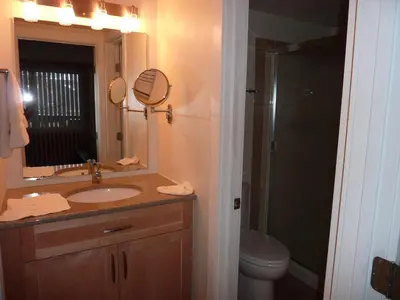 a bathroom with a sink and a toilet and a mirror at Heart of Frisco Condo in Frisco