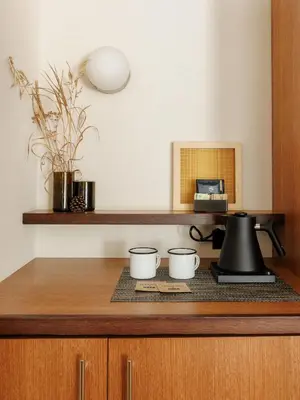 a kitchen with a counter with two pots on it at Trailhead Lodge in Estes Park