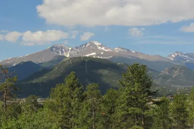 a mountain range with snow capped mountains in the distance at Snowline Vista Lodge in Estes Park