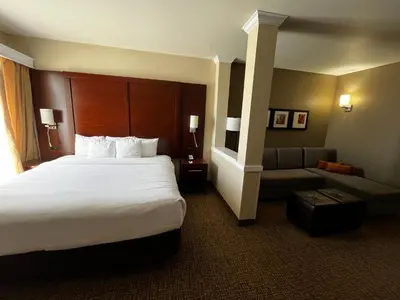 a hotel room with a bed and a couch at Comfort Suites Denver International Airport in Denver