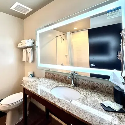 a bathroom with a sink and a toilet and a mirror at Sleep Inn & Suites Denver International Airport in Denver
