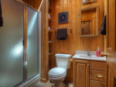 a bathroom with a toilet and a sink and a shower at MacCracken Homestead in Estes Park