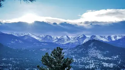 a snow covered mountain range with a tree in the foreground at Divine Condominium 3 Bedroom condo in Estes Park