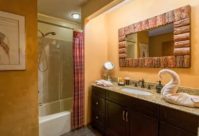 a bathroom with a sink and a shower and a mirror at Cedar Lower Condominium 2 Bedroom condo in Estes Park