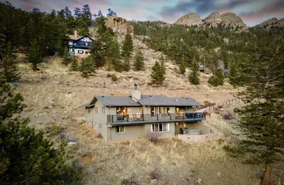 an aerial view of a house in the mountains at Stevenson Home in Estes Park