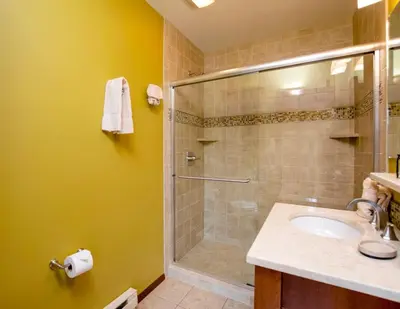 a bathroom with a shower and a sink at Kintzle Home in Estes Park