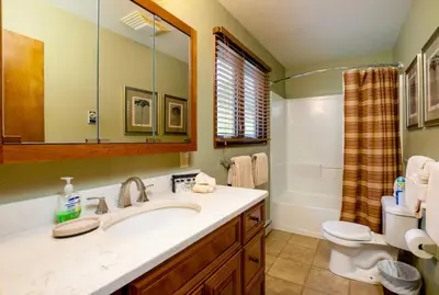 a bathroom with a sink and a toilet and a mirror at Kintzle Home in Estes Park