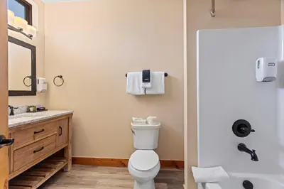 a bathroom with a toilet and a sink at Coyote Mountain Lodge in Estes Park