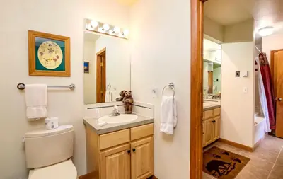 a bathroom with a toilet and a sink and a mirror at Tranquil Duplex Home in Estes Park