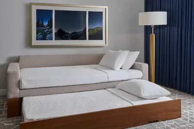 a bed in a room with a couch and a lamp at SpringHill Suites by Marriott Denver Downtown in Denver