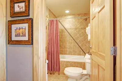 a bathroom with a toilet and a bath tub at Sheep Mountain 20B Condo in Estes Park