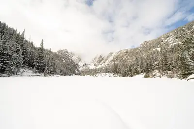 a view of a snow covered mountain with trees at Mount Cairns 16A Condo in Estes Park