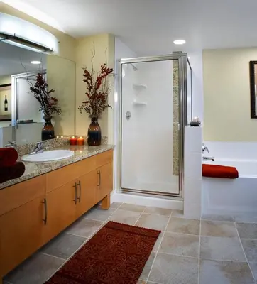 a bathroom with a shower and a sink at Fraser Crossing and Founders Pointe in Winter Park