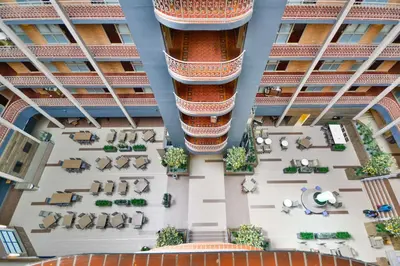 an overhead view of therium of a building at Embassy Suites by Hilton Denver Central Park in Denver