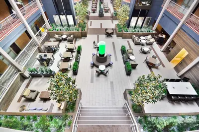 an overhead view of the lobby of a building at Embassy Suites by Hilton Denver Central Park in Denver