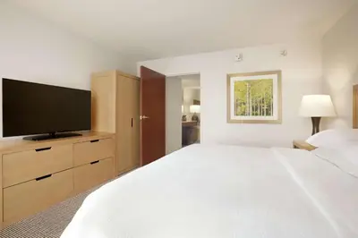 a bedroom with a large bed and a flat screen tv at Embassy Suites by Hilton Denver International Airport in Denver