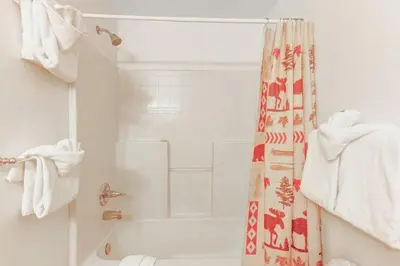 a bathroom with a shower curtain and a tub at Studio Colorado Vacation Rental Located Near River Run Village With Hot Tub And Pool Access in Keystone