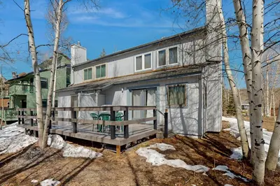 a house with a porch in the woods at Alpine Abode in Frisco