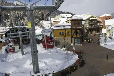 a ski lift with people on it in the snow at The Viking Lodge - Downtown Winter Park Colorado in Winter Park