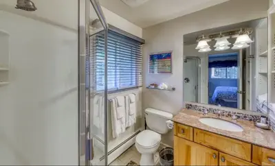 a bathroom with a toilet and a sink and a shower at Forest Feeling in Dillon