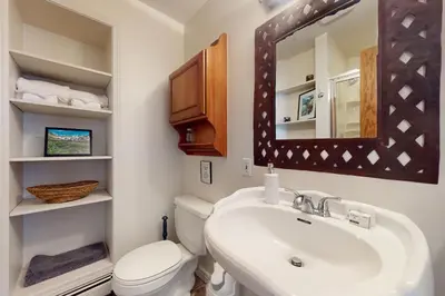 a bathroom with a sink and a toilet and a mirror at Forest Feeling in Dillon