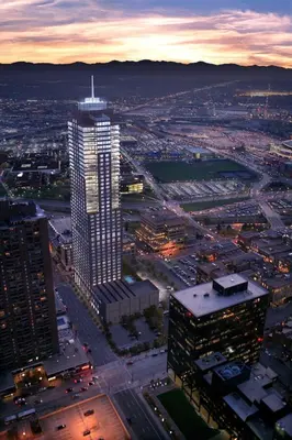 an aerial view of a city at night at Four Seasons Hotel Denver in Denver
