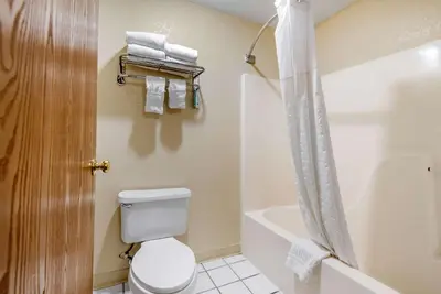 a bathroom with a toilet and a tub and a shower at Comfort Inn Denver Southeast Area in Aurora