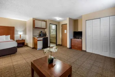 a hotel room with a bed and a table with flowers on it at Comfort Inn Denver Southeast Area in Aurora