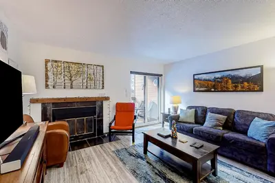 a living room with a couch and a fireplace at Mountainside D257 in Frisco