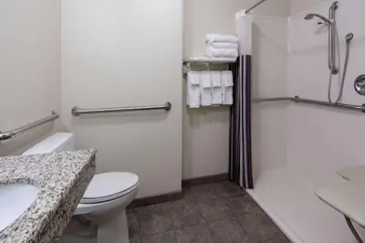 a bathroom with a toilet and a sink and a shower at La Quinta Inn & Suites by Wyndham Loveland Estes Park in Loveland