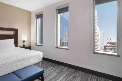 a hotel room with a bed and two windows at Hampton Inn & Suites Denver Downtown Convention Center in Denver
