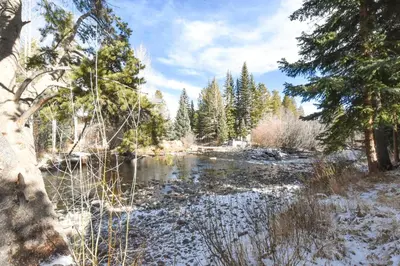 a river in a forest with snow on the ground at River Glen Brookside Condo: Fantastic Frisco Location in Frisco