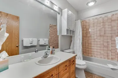 a bathroom with a sink and a toilet and a shower at Timber Ridge Retreat in Silverthorne
