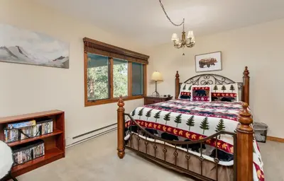 a bedroom with a bed and a book shelf at Herondale Luxury Home Home in Estes Park