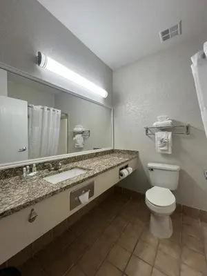 a bathroom with a toilet and a large mirror at Quality Inn & Suites Loveland in Loveland