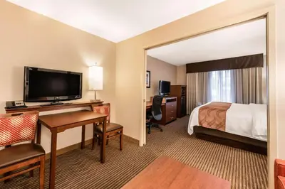 a hotel room with a bed and a desk with a television at Quality Inn & Suites University Fort Collins in Fort Collins