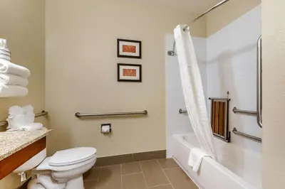 a bathroom with a toilet and a bath tub at Comfort Suites Fort Collins Near University in Fort Collins