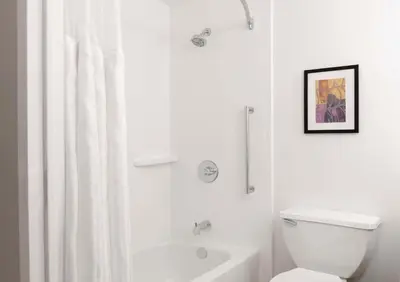a white bathroom with a toilet and a shower at Hilton Garden Inn Denver Airport in Aurora