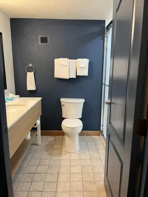 a bathroom with a toilet and a sink with towels at Spark by Hilton Denver Tech Center Greenwood Village in Greenwood Village