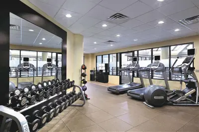 a gym with rows of treadmills and machines at Embassy Suites Denver Tech Center in Centennial