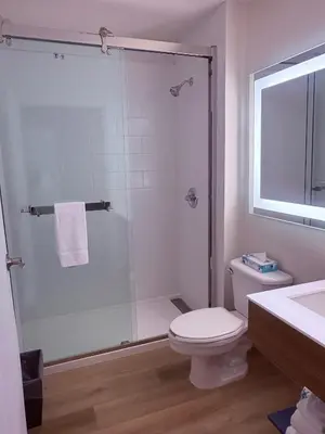 a bathroom with a shower with a toilet and a sink at Microtel Inn & Suites by Wyndham Denver Airport in Denver