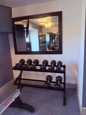 a row of dumbbells on a shelf in front of a mirror at Microtel Inn & Suites by Wyndham Denver Airport in Denver