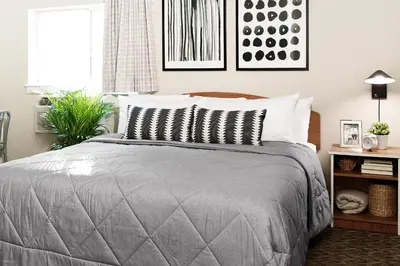 a bedroom with a bed with a gray comforter at InTown Suites Extended Stay Select Denver - Aurora South in Aurora