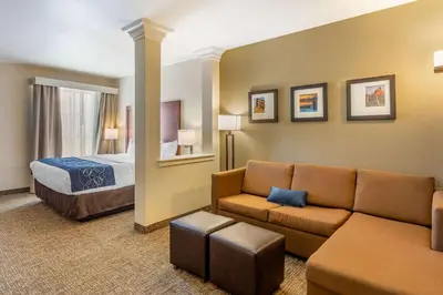 a hotel room with a couch and a bed at Comfort Suites Near Denver Downtown in Denver