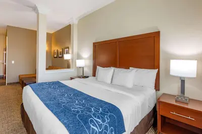 a hotel room with a large bed with a blue blanket at Comfort Suites Near Denver Downtown in Denver