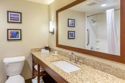 a bathroom with a sink and a toilet and a mirror at Comfort Suites Near Denver Downtown in Denver