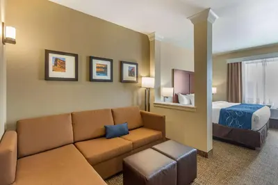 a living room with a couch and a bed at Comfort Suites Near Denver Downtown in Denver